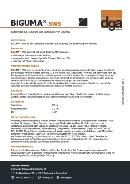 Biguma SWS – Cold Cleaner 600 ml Spray Can for Bitumen and Adhesive Residues