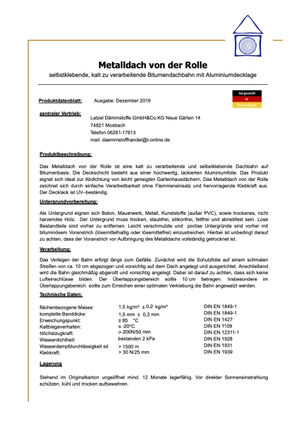 Dachabdichtungsbahn mit Aluminiumbeschichtung Farbe Bleifarben - Rolle 10 m² Selbstklebend